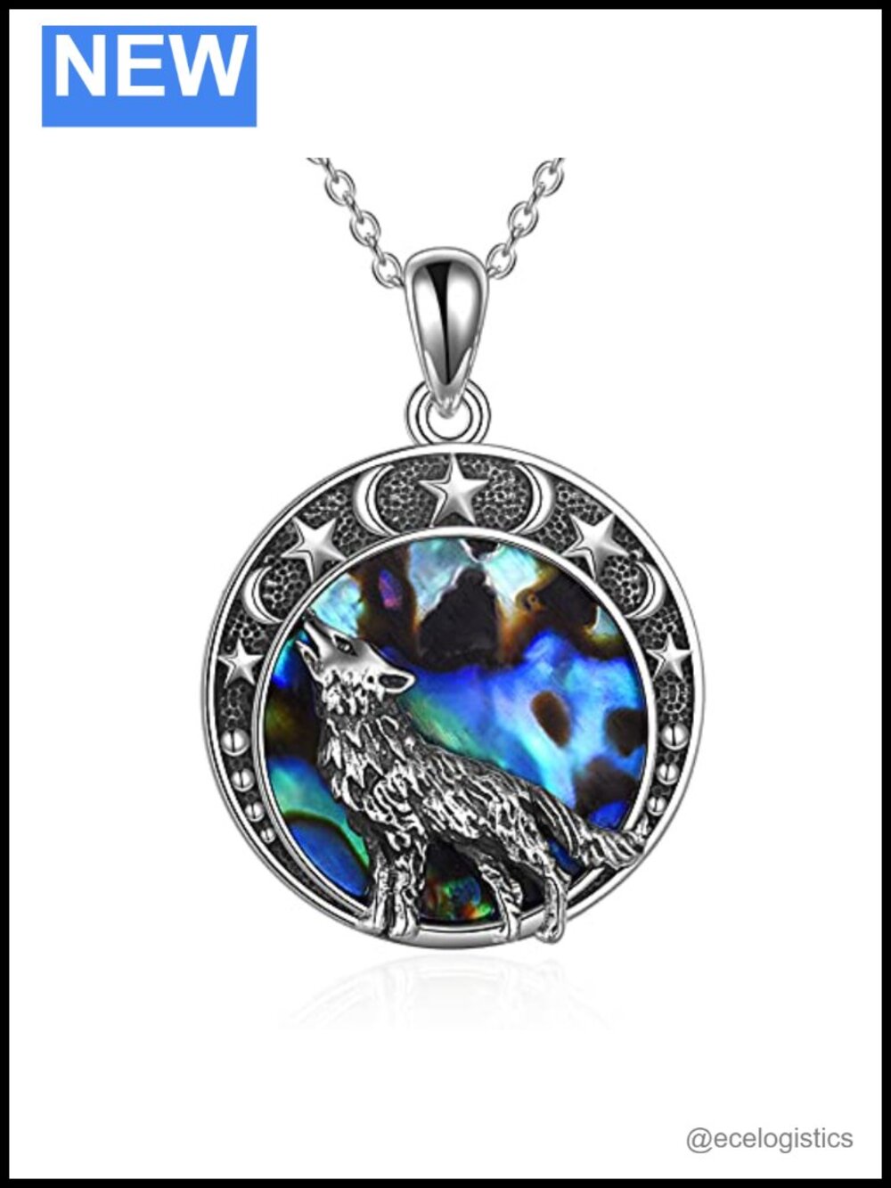 Sterling Silver Wolf Moon Pendant Necklace 18+2in Rolo Chain